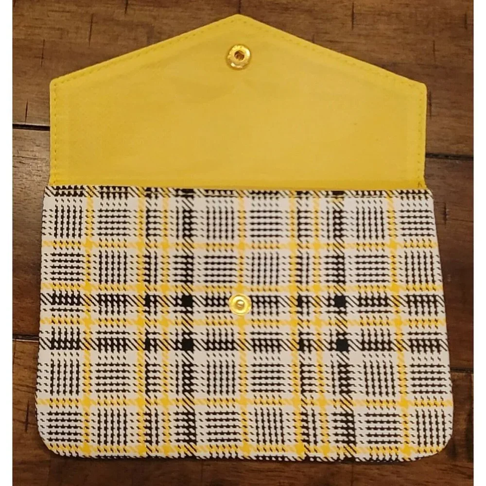 Ipsy Glam Bag Makeup Sept. 2021 Yellow Plaid GOLD button Foe Brown Leather flap - Picture 3 of 5
